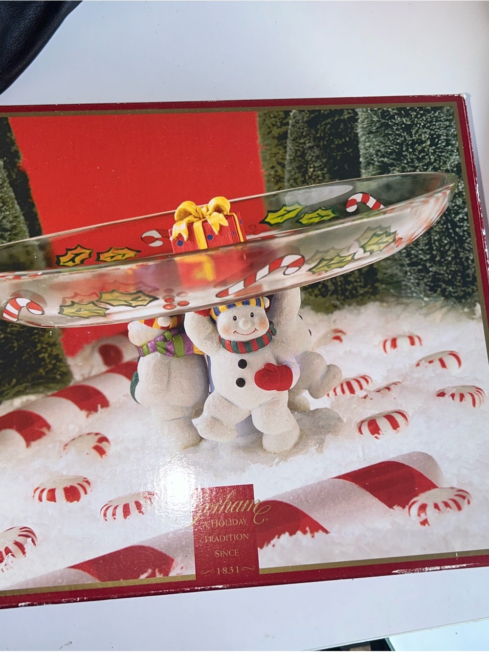 Holiday Snowman Glass Serving Bowl with Candy Cane Trim - Picture 4 of 5